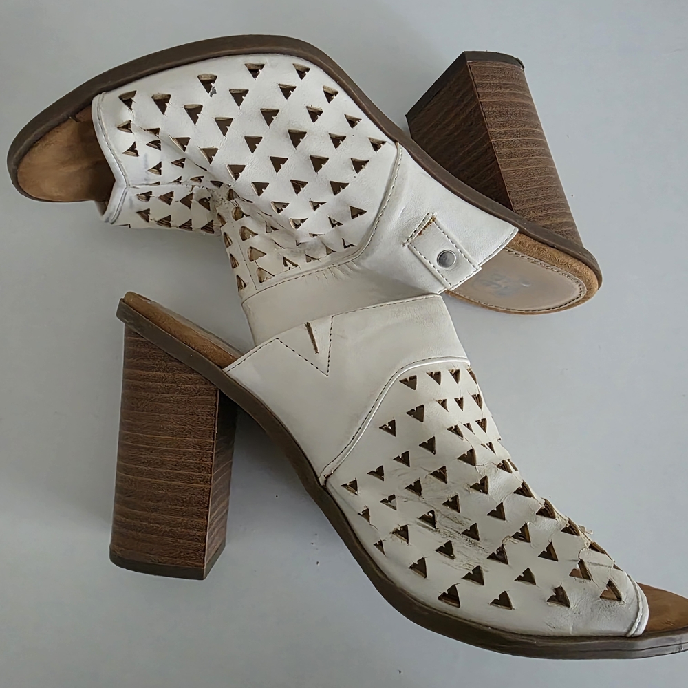 Route 66 White and Brown Mules with Geometric Cutouts
